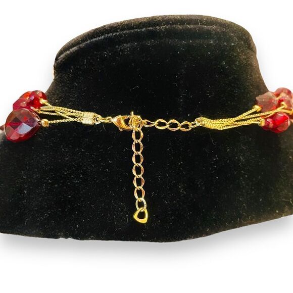 Gold Multi-Strand Red Beaded Choker Necklace - Picture 4 of 4